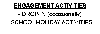 Text Box: ENGAGEMENT ACTIVITIES
- DROP-IN (occasionally)
- SCHOOL HOLIDAY ACTIVITIES